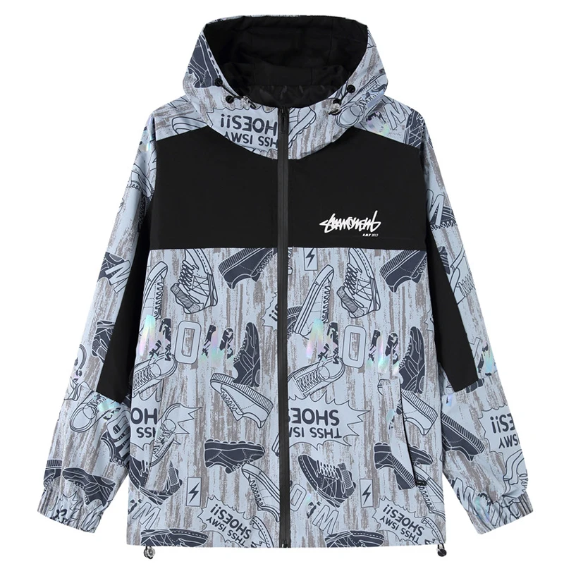 

High Street Jacket Men's Autumn New Arrival Harajuku Trendy Comic Print Reflective Hooded Coat Hip-Hop Casual Loose Windbreaker