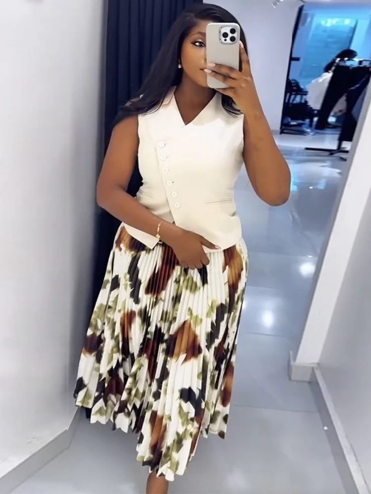 Wmstar 2025 New Women Fashionable Summer Long Refreshing Sweet Dress Sets V Neck Button Waistcoat Printed Pleats Zipper