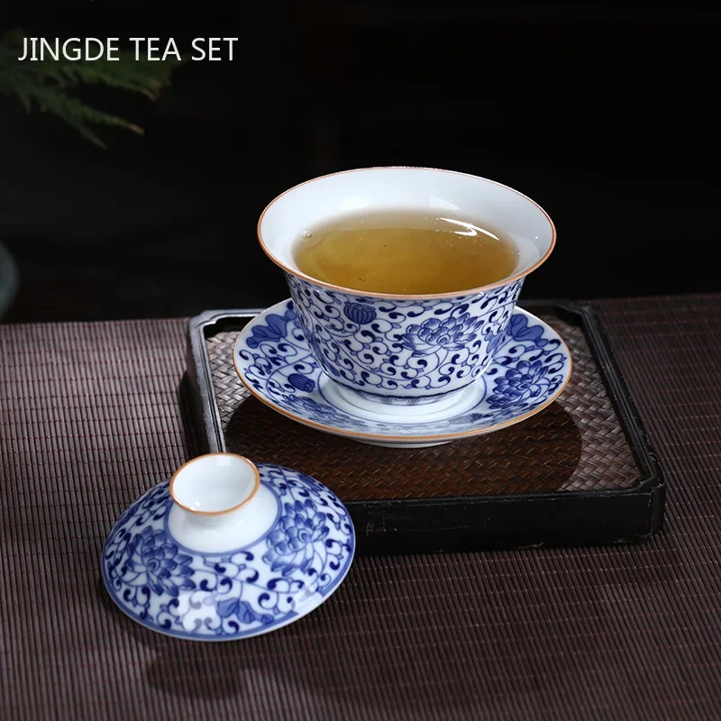 170ml Jingdezhen Ceramic Gaiwan Teacup Handmade Tea Tureen Blue and White Porcelain Tea Bowl Chinese Porcelain Accessories