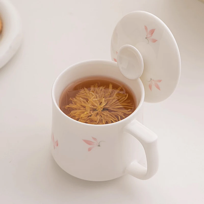 Chinese Style Pattern Ceramic White Porcelain Personal Tea Mugs, Personal Creative With Cover, Milk Water Coffee Cup, 350ml, 1Pc