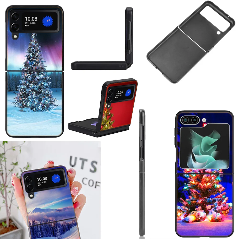 Merry Christmas Tree Deer Coque Case Per Samsung Galaxy Z Flip 5 3 4 5G Flip4 Flip5 Zflip3 Black Hard Pc Phone Shell Protettivo