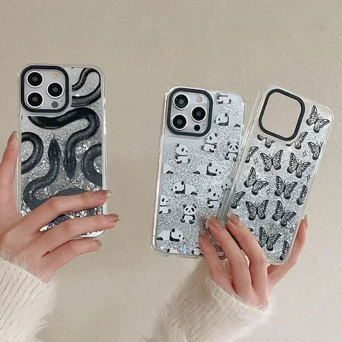 Transparent Border Silver Quicksand Snake Butterfly Panda iPhone 12 13 14 15 Pro Max Case - Protective iPhone Case