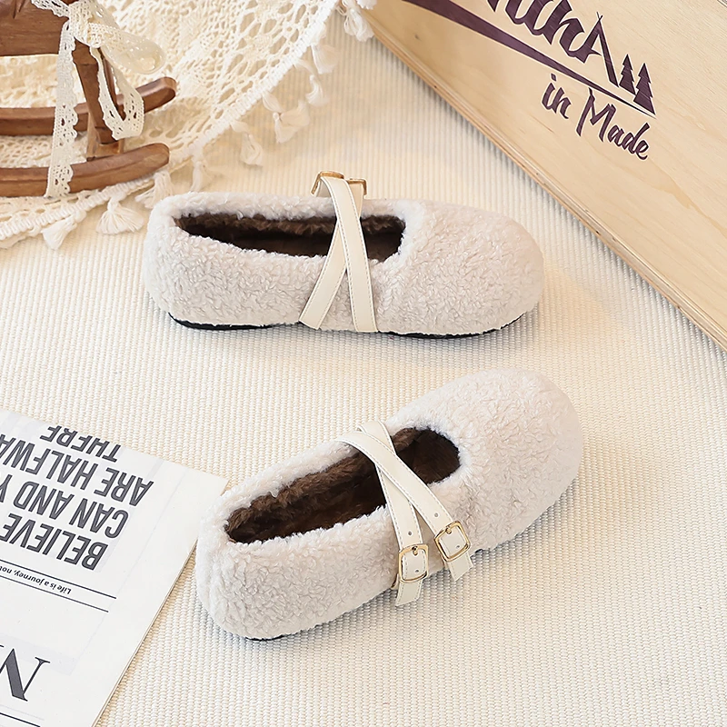 Girls Fuzzy Ballet Flats Soft Sole Non Slip Winter Shoes