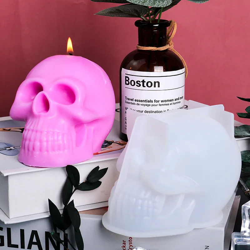 Stampi 3D per candele a forma di teschio, in silicone flessibile, per decorazioni di Halloween, resina, candele per aromaterapia, sapone, argilla, cubetti di ghiaccio (grande