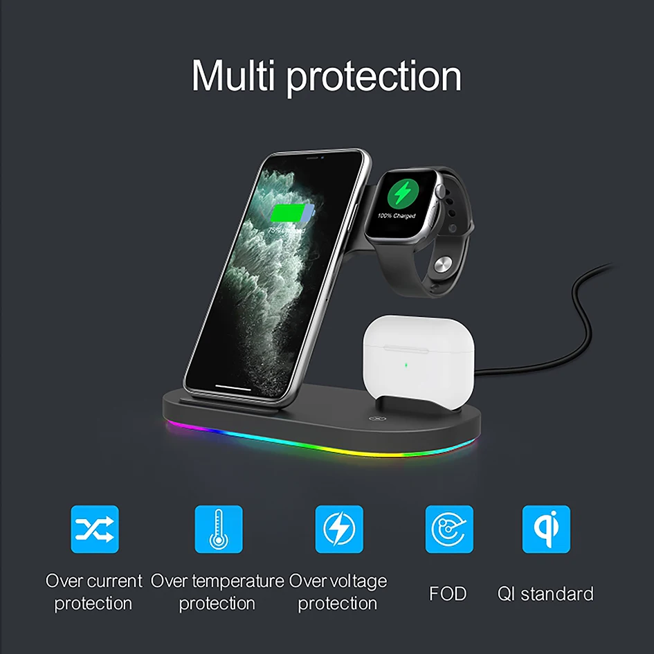 3in1 Wireless Fast Charger For Samsung Apple Mobile Watch Headset Galaxy Gear Phones Charging Station With Night Light