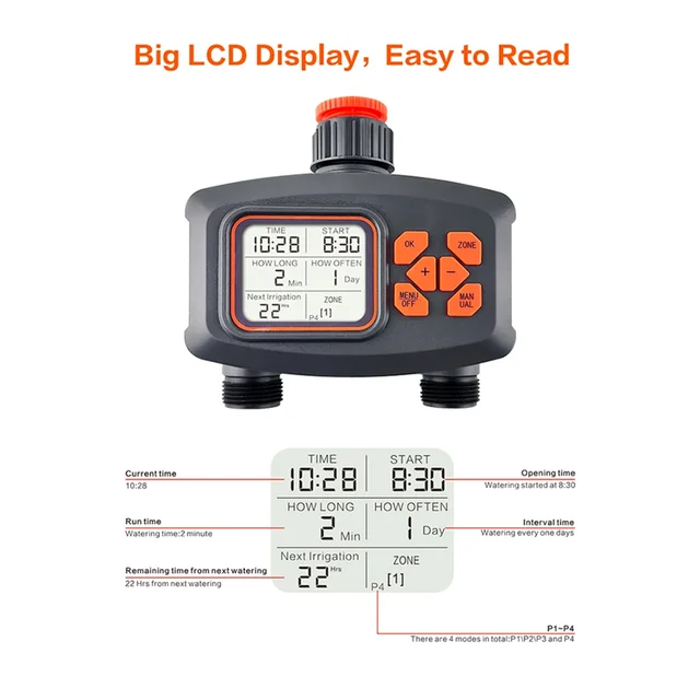 T03C!2-Way Water Timer LCD Display Timer Waterproof IP65 Home Garden Irrigation Rainfall Timer Automatic Controller System 2