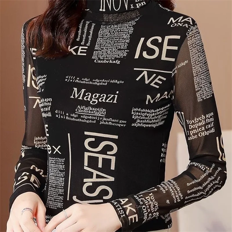 

Woman Spring Autumn Style Mesh Blouses Shirts Lady Casual Long Sleeve Turtleneck Letter Printed Blusas Tops DD9545