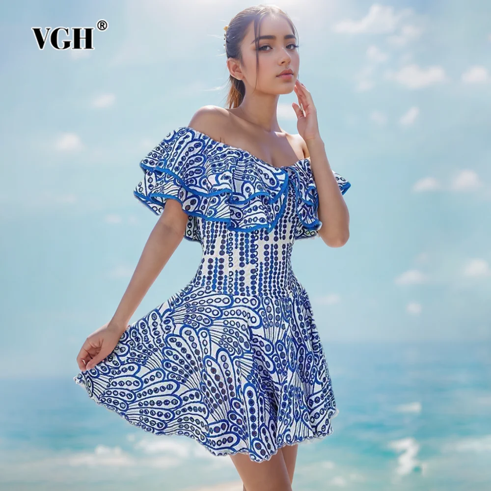 

VGH Sexy Hollow Out Embroidery Dress For Women Slash Neck Short Sleeve Backless High Waist Mini Dresses Female Fashion Style New