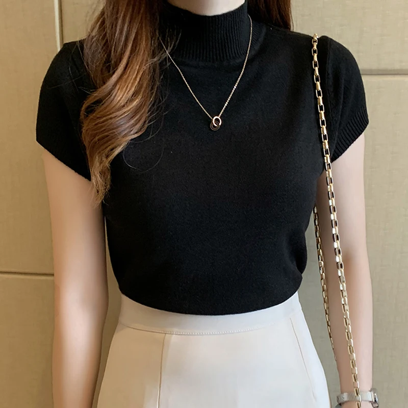 Casual Women Clothing Korean Knitted Women Top Spring Summer New Solid Slim Turtleneck Blouse