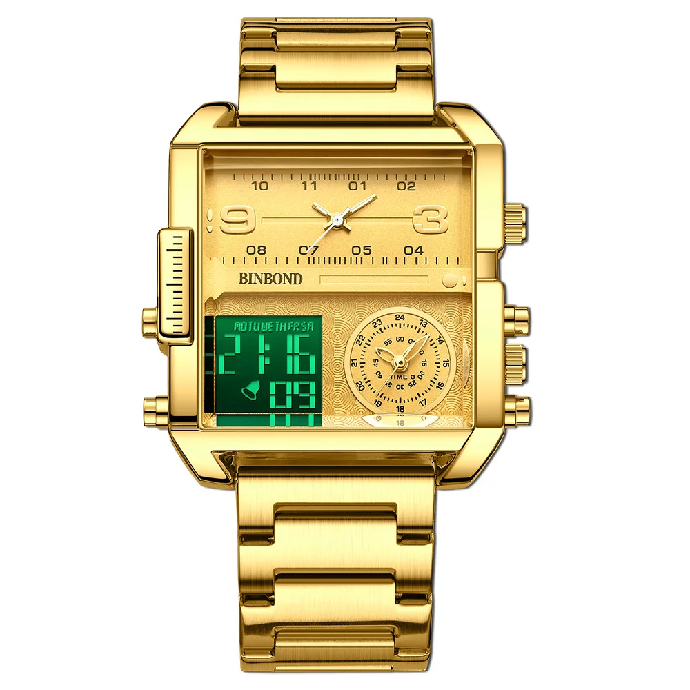 Binbond Popular Creative Super Large Dial Multifunctional Sports Quartz Men's Square Watch Time Night Light Running Temple Alarm