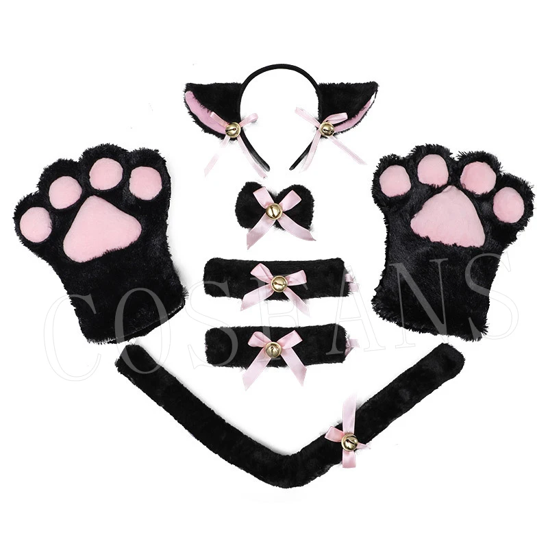 

Anime Women Lady Cat Kitty Maid Cosplay Costume Set Plush Ear Bell Headband Bowknot Collar Choker Tail Paws Gloves Props