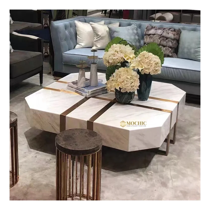 High end White Square Rectangle Modern Designer Freedom Marble Coffee Table Sofa Center Table with Gold Legs for the Living Room