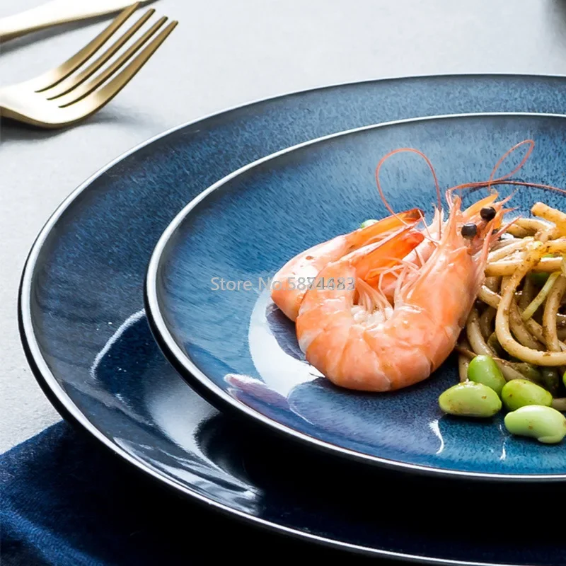 Brief Blue Starry Sky Round Ceramic Plate Restaurant Tableware Porcelain Dinner Plate Steak Pasta Dish Tray Fruit Salad
