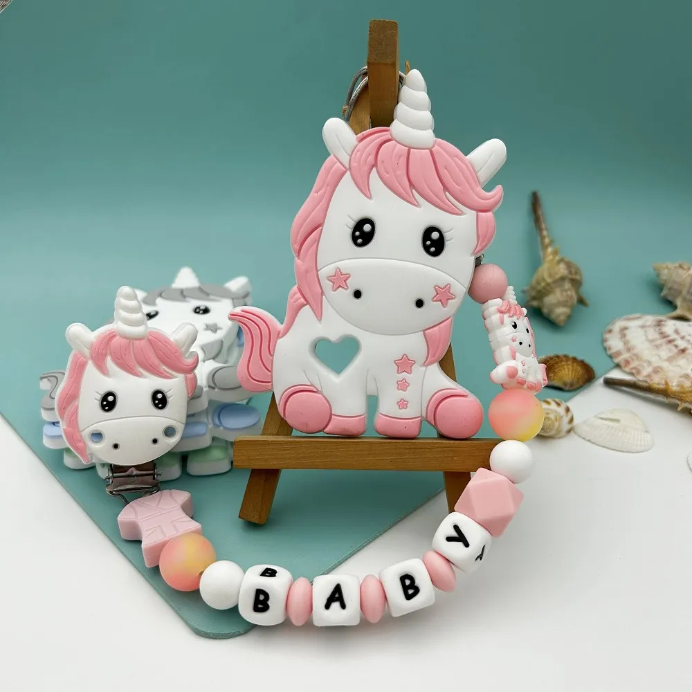 

Personalized Letter Name Baby Unicorn Silicone Luminous Beads Pendant Pacifier Clips Holder Chains Baby Teether Kawaii Toy Gifts