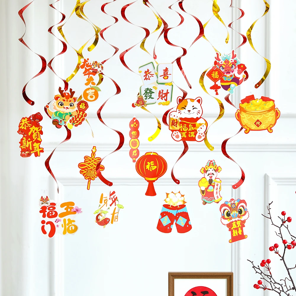 

15pcs Chinese New Year Spiral Pendant Ceiling Hanging Garland Swirl Banner Ornament 2024 Spring Festival Home Living Room Decor