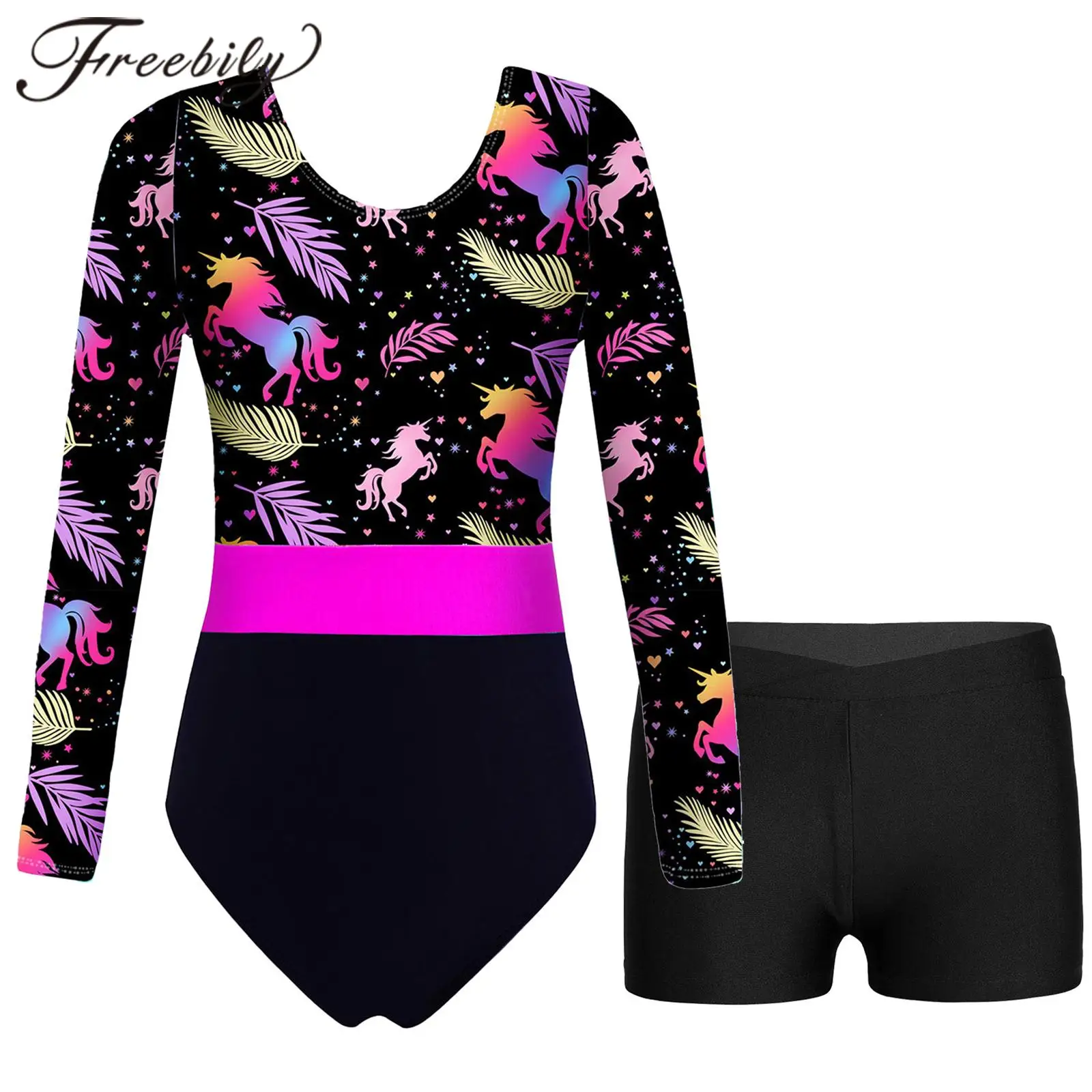 

Kids Girls Long Sleeve Printed Gymnastics Leotard with Shorts Yoga Sportswear Performance Dancewear Childs Ballet Dance Outfit