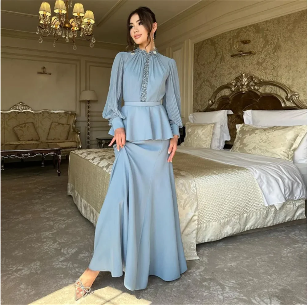 

Elegant Mermaid Mother of the Bride Dresses Beaded Puffy Sleeve Formal Dress Pleated Long Arabic Dubai Womens Vestido De Festa