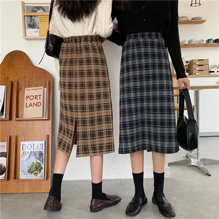 

2023 New Autumn and Spring High-waisted Back Split Woolen Skirt Women's Slit Mid-length Thin Tweed Plaid Wrap Hip Skirt T33