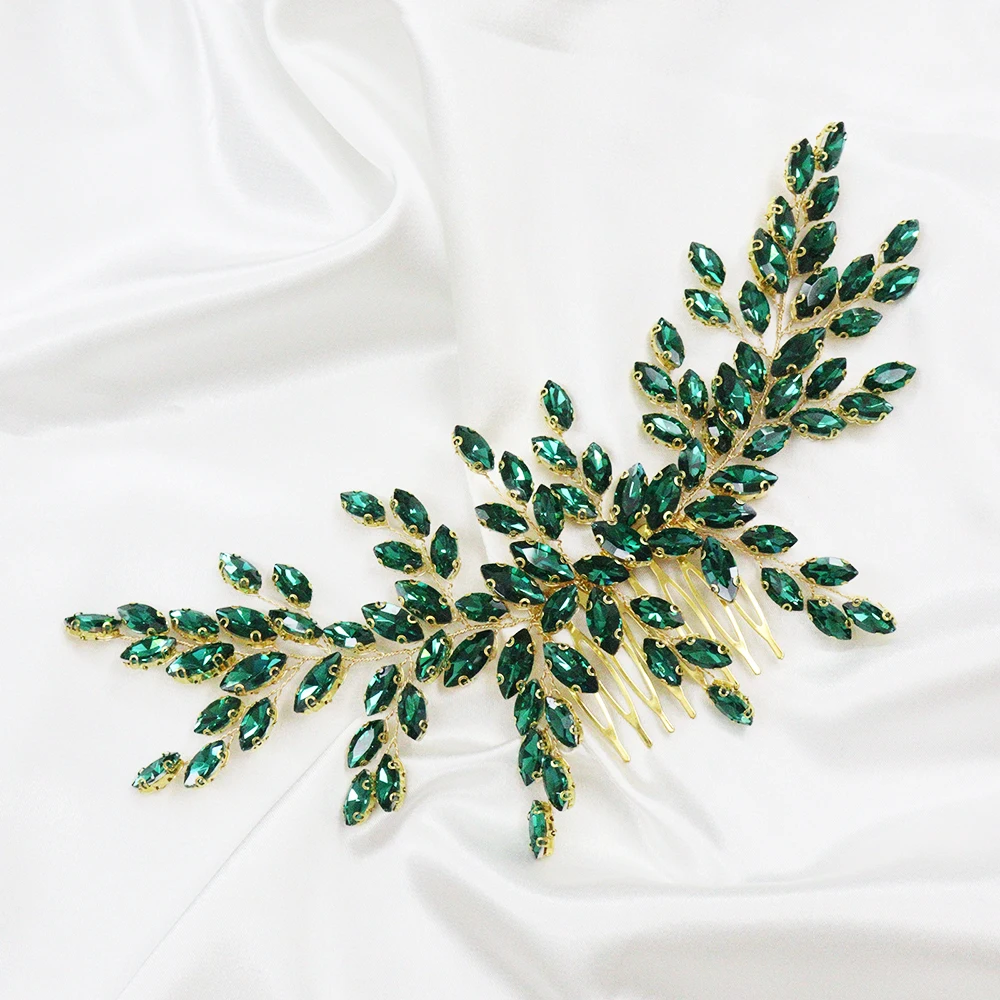 Luxury Green Full Rhinestones Headbands Women Hair Jewelry for Bride Headdress Tiaras Wedding Hair Comb Party Accessories