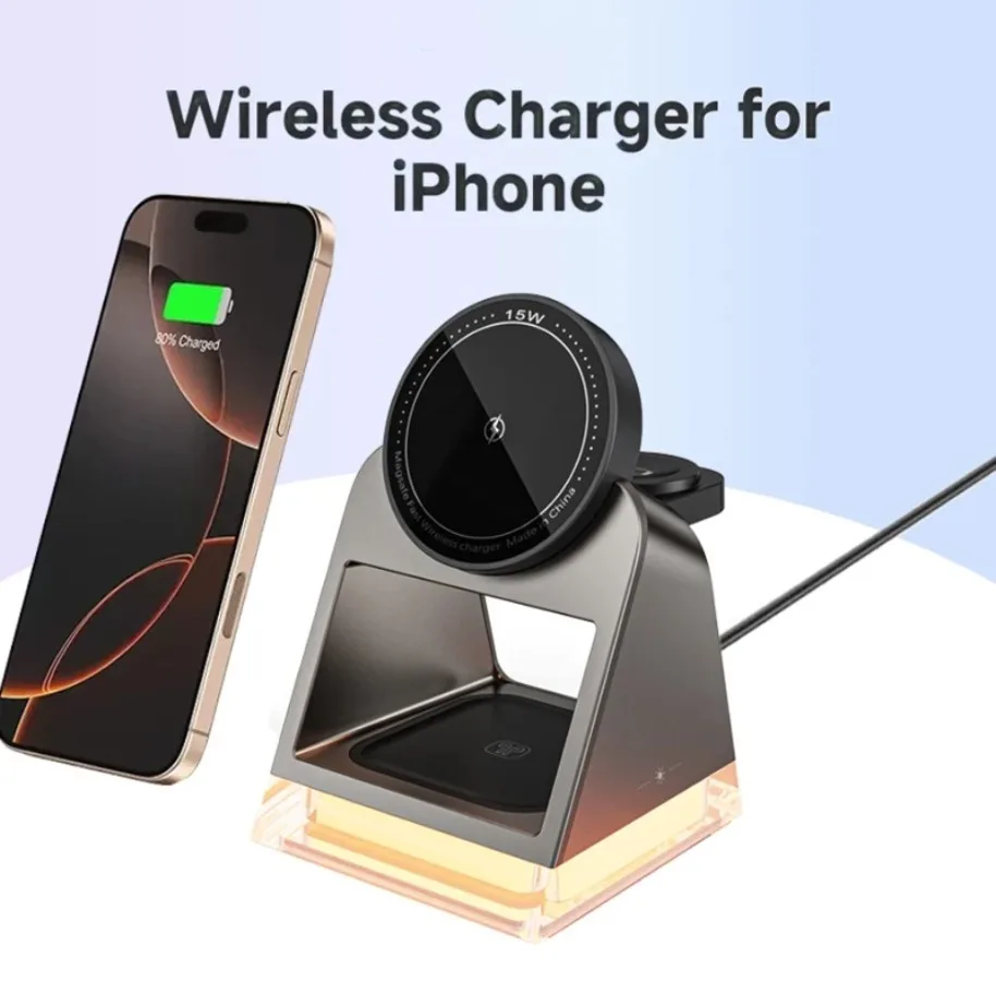 3 in 1 LED Light Magnetic Wireless Charger for iPhone 17 16 15 14 13 12 Pro Max Apple Watch 8 Airprods Pro Fast Charging Station