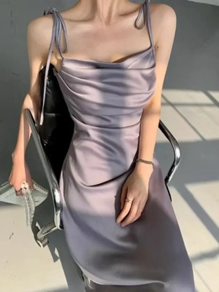 

QWEEK Purple Satin Slip Midi Dress Women Vintage Korean Fashion Lace-up Spaghetti Strap Elegant Party Dresses 2024 Summer