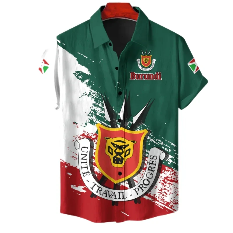 thumbnail image 1 of Camisas gráficas con mapa de la bandera de Burundi y estampado completo para hombres, camisas casuales de manga corta hawaianas para la playa, blusas con emblema nacional para hombres, 1 of 4