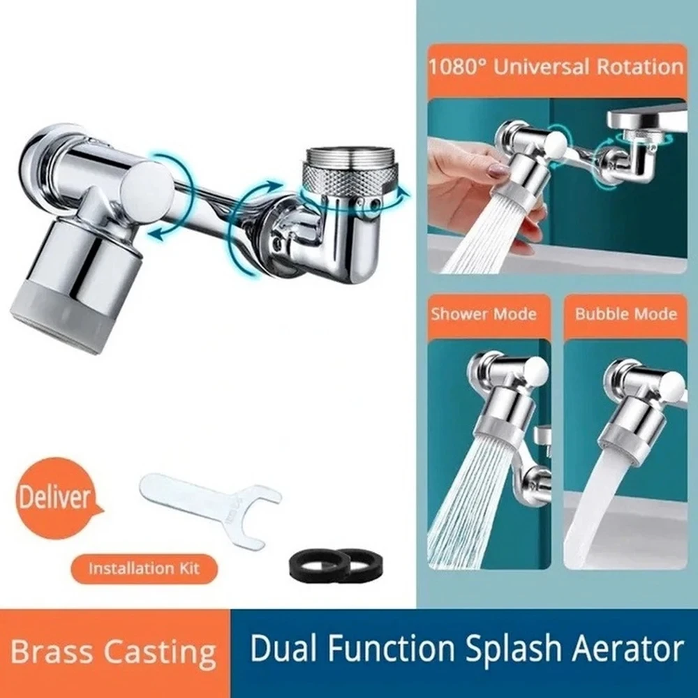 Faucet Extender Stainless steel 1080 &deg;Swivel Water Tap Nozzle Sprayer Universal Bathroom Mixer Aerator 2 Spray Modes