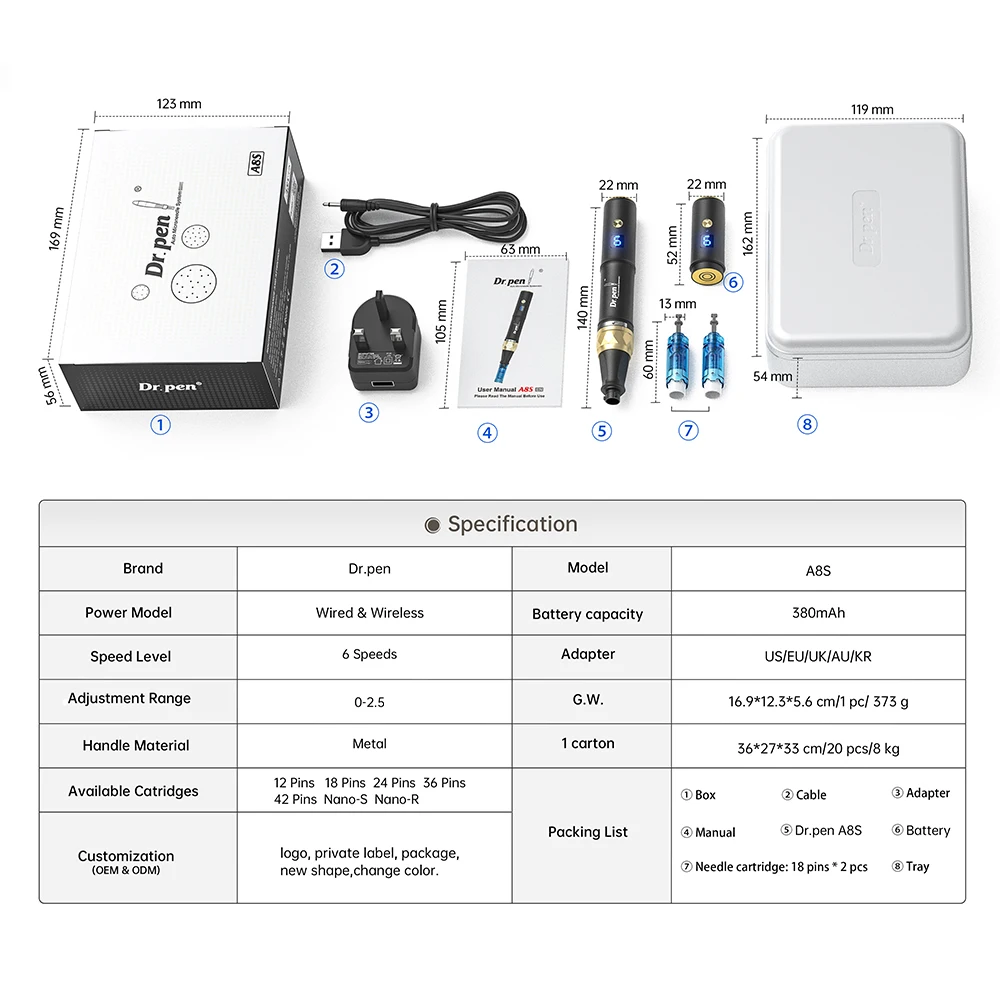 Dr Pen A8S Wireless Derma Pen Professional Microneedling Skin Care Beauty Machine Electric Microneedle Needle Cartridge
