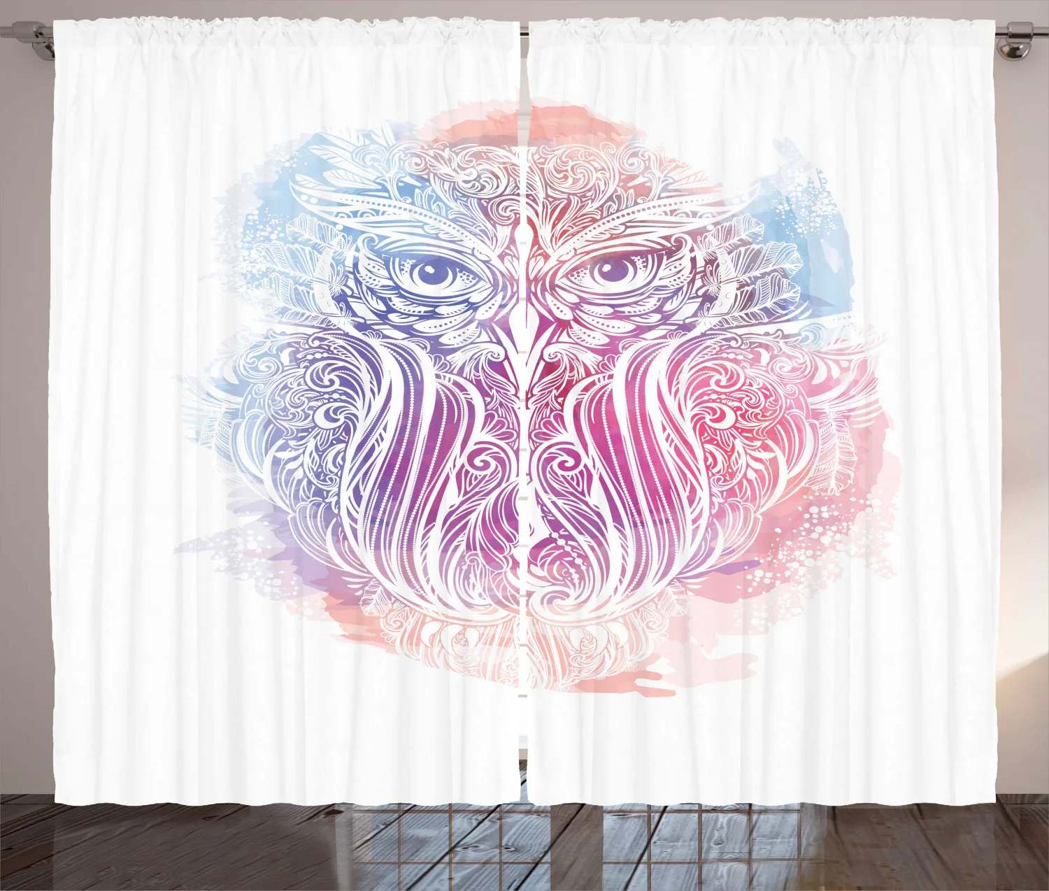Owl Curtains Woodland Bird Design Floral Motifs Boho Satin Fabric Drapes for Living Room Bedroom 2 Panel Window Set | Дом и сад