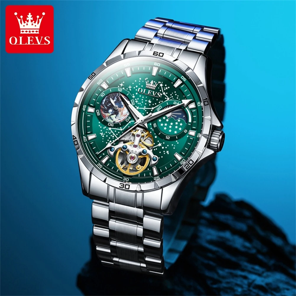 OLEVS Brand Fashion Green Dial Tourbillon Mechanical Watch for Men Stainless Steel Waterproof Starry Sky Moon Phase Watches Mens