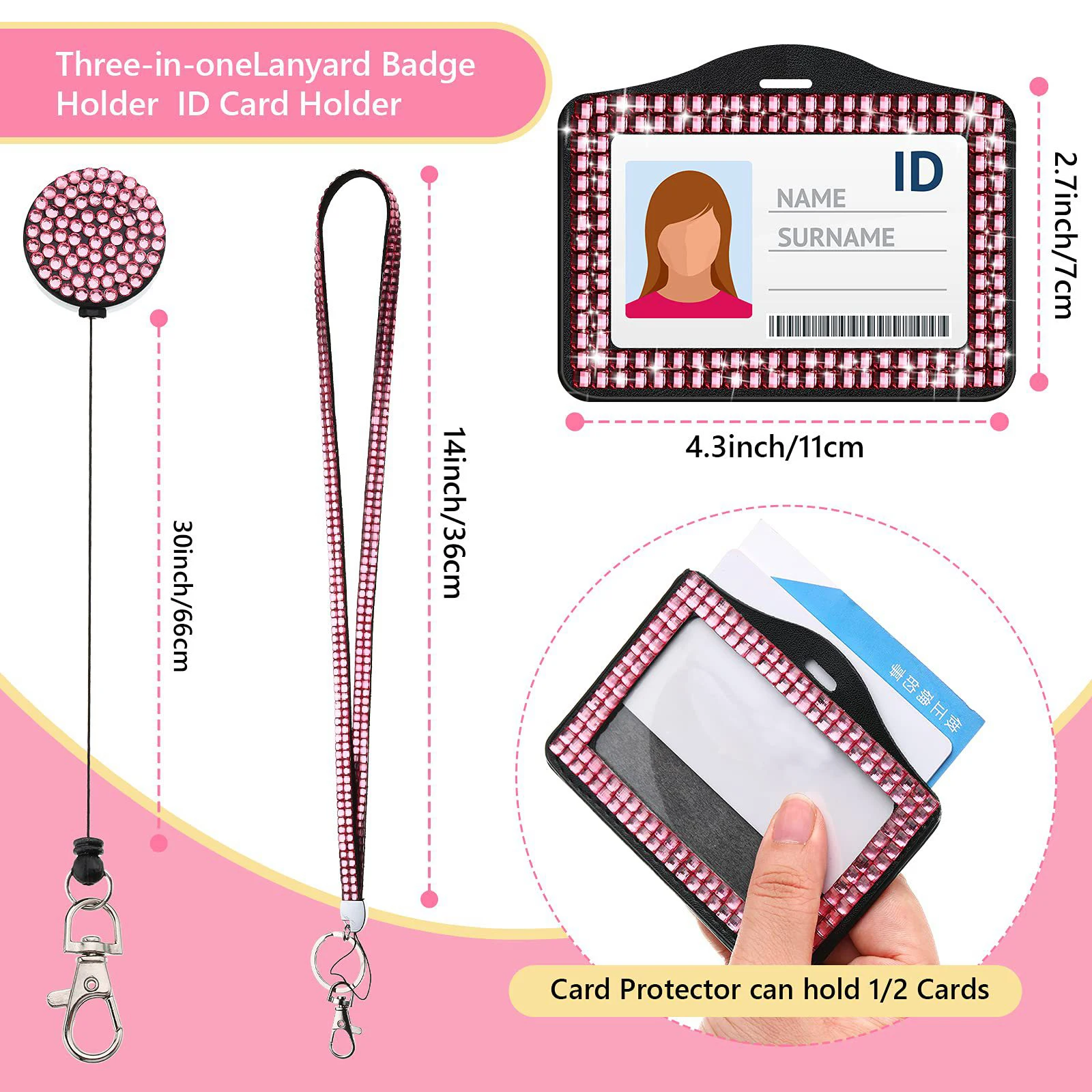 Name Card Holders Rhinestone Lanyard Unisex Leather Card Sleeve Bus ID Badge Holders Protective Shell Badge Case Office Supplies