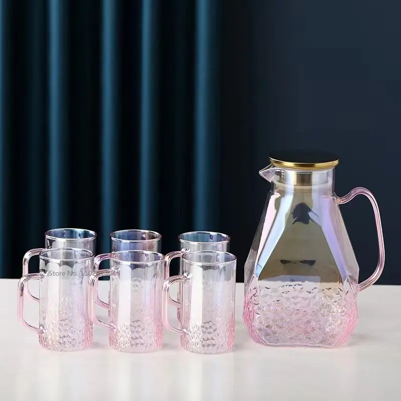 1.6L Transparent Gradient Pink Glass Teapot Set Hot Cold Water Water Jug Coffee Pot Home Carafe Heat-resistant Cup Kettle