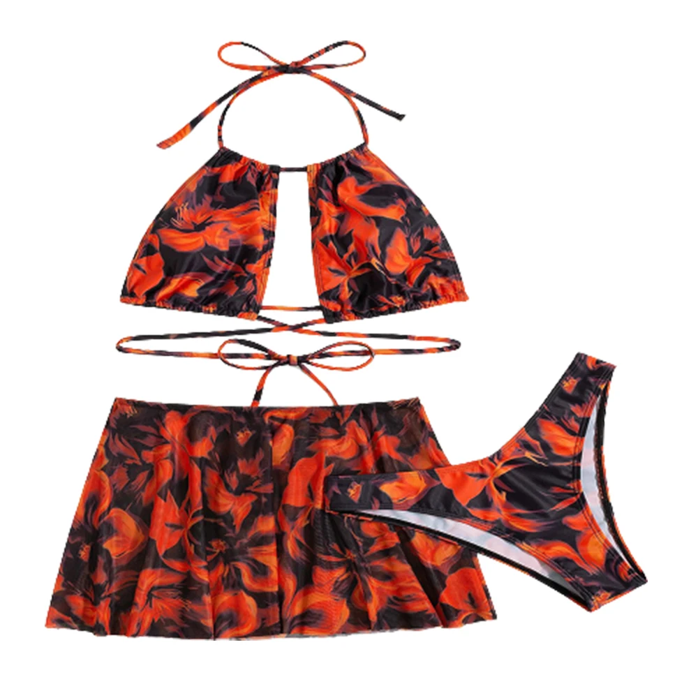 

FS Sexy Women Red High Waist Bikini Set Halter Lace Up Floral Print Bathing Suit Hollowed Out Pleated Swimwear Three Pieces 2022
