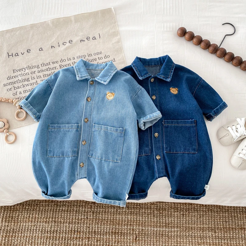 Korean Style Newborn Bodysuit Baby Jumpsuit Boy Girl Autumn Outdoors Bear Prints Denim Romper 0-2yrs 2