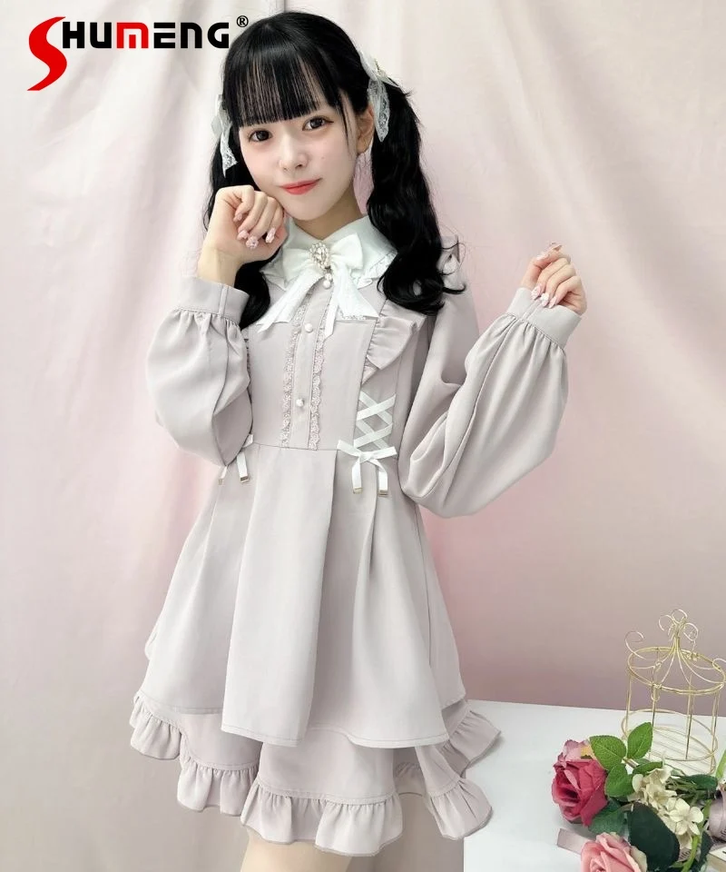 Japanese Style Soft Girl Lolita Sets 2 Pieces Spring and Autumn New Sweet Cute Bow Doll Collar Long Sleeve Dress and Shorts Suit