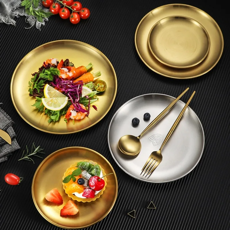 Stainless Steel Kitchen Storage Trays Single Layer Golden Thickened Disc Dessert Buffet Western Food Barbecue Plate |