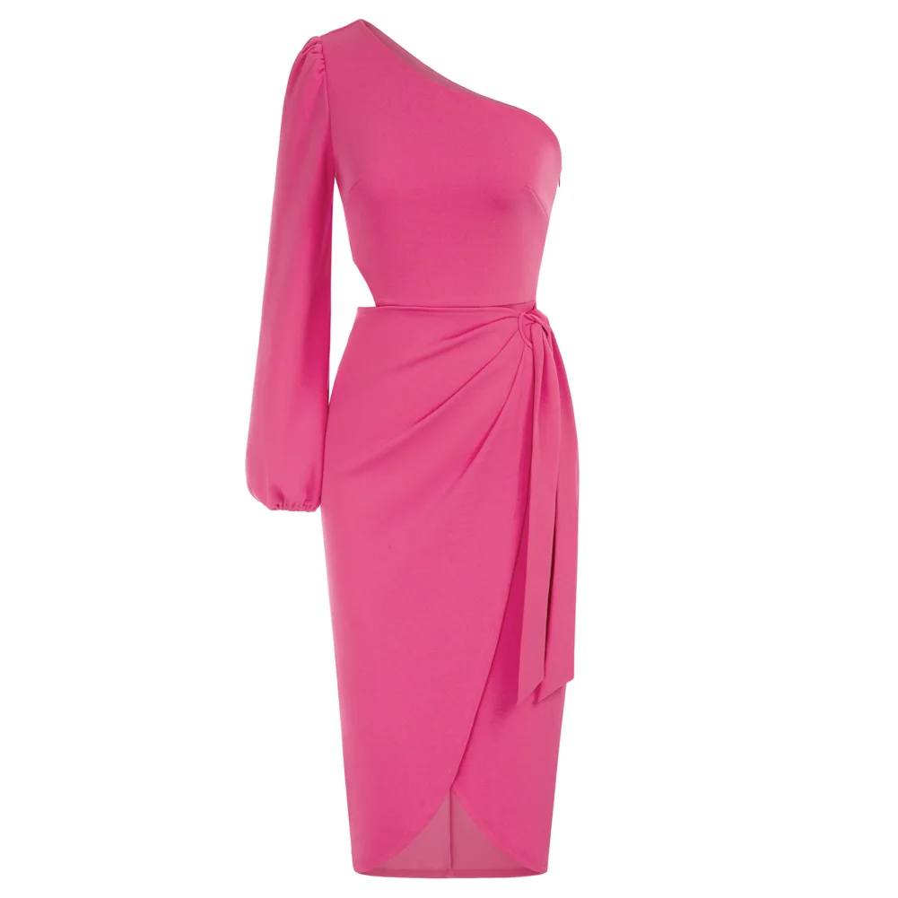

KK Women Wrap Hem Dress Asymmetric Long Sleeve Cut-out Waist Bodycon Dress