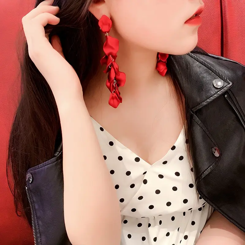 Bohemian Rose Petal Earrings Flower Red Yellow Blue Colors Flower Drop Earrings Long Tassel Party Wedding Jewelry