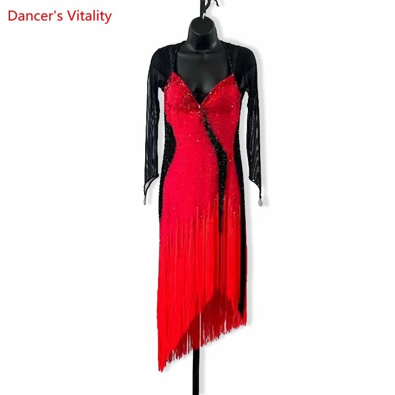 

Latin Dance Performance Costume Dress for Women Long Sleeves AB Stones Rumba Chacha Competition Clothing Customzied Latin Skirt