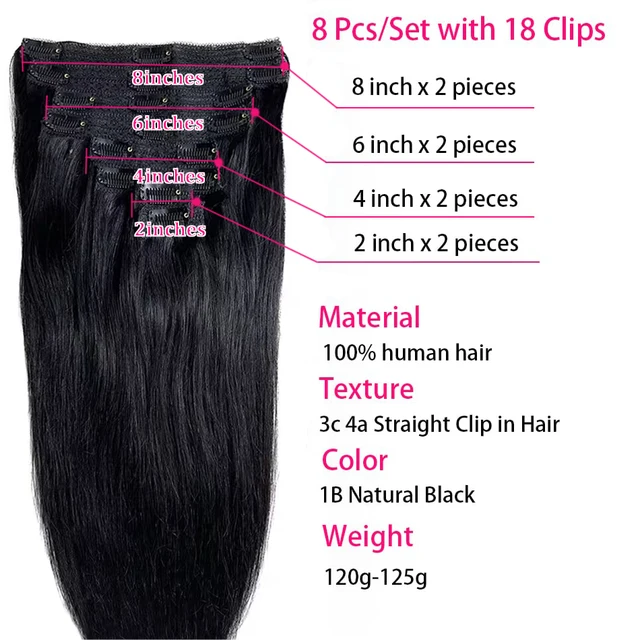 120G 8Pcs/Sets Clip In Hair Extensions Human Hair 10 to 26 Inch Brazilian Remy Straight Hair Natural Black 4 613 Color For Women 2