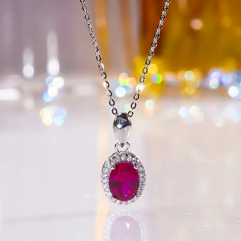 

S925 Sterling Silver Platinum Plated Ruby Pendants Necklace for Women Colored Cubic Zirconia Clavicle Chain Luxury Fine Jewelry