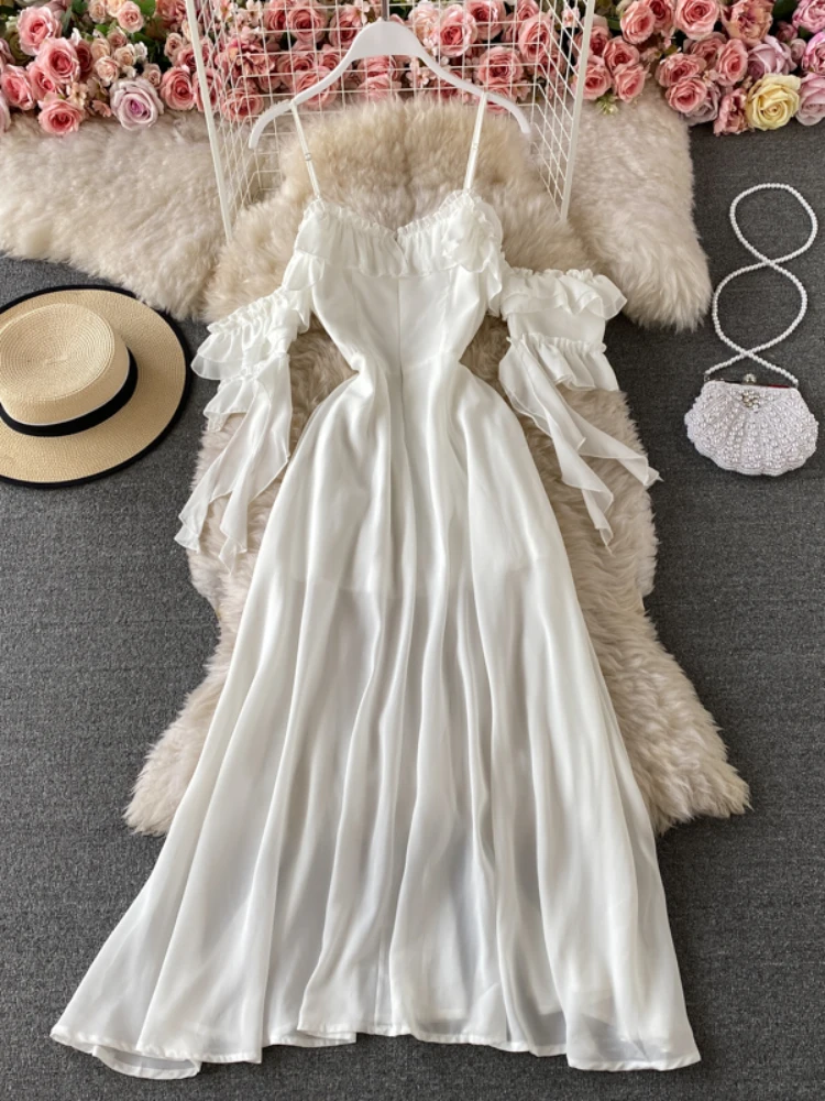 Summer White Long Dress Women Sexy Off Shoulder Strapless Backless Ruffle Beach Dresses Elegant Ladies Maxi Dresses Vintage Robe