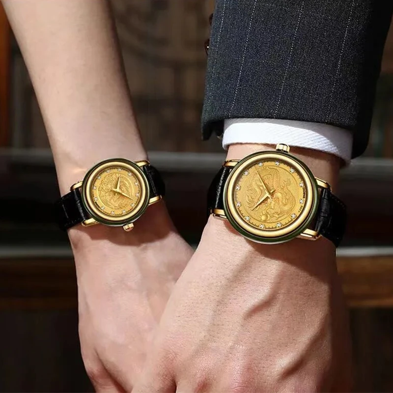 DUGARY Couple quartz watch Brand waterproof Jade Chinese Loong phoenix Male Wristwatch Unique Relogio Masculino