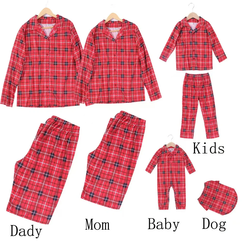thumbnail image 1 of Ropa de Año Nuevo para la familia, conjunto de pijamas navideños a juego, camisa con estampado a cuadros y pantalones, traje de 2 piezas, mono de bebé y perro para Navidad, 1 of 5