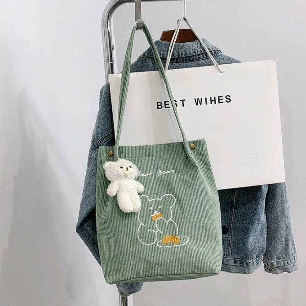 Zipper Women Corduroy Shoulder Bag Reusable Square Shape Little Bear Cotton Shopping Bags Velvet Little Bear Tote Bag