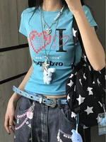 American Sle ort Sve T-irt Women's Slim Fit Heart Letter Print Summer Design Cool Sweet High Street Top