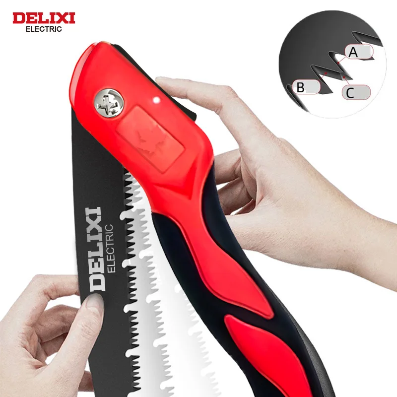 Folding Saw DELIXI ELECTRIC Manual SK5 Steel One-button Folding Design Sharp Blade for Cutting Wood Tree Garden