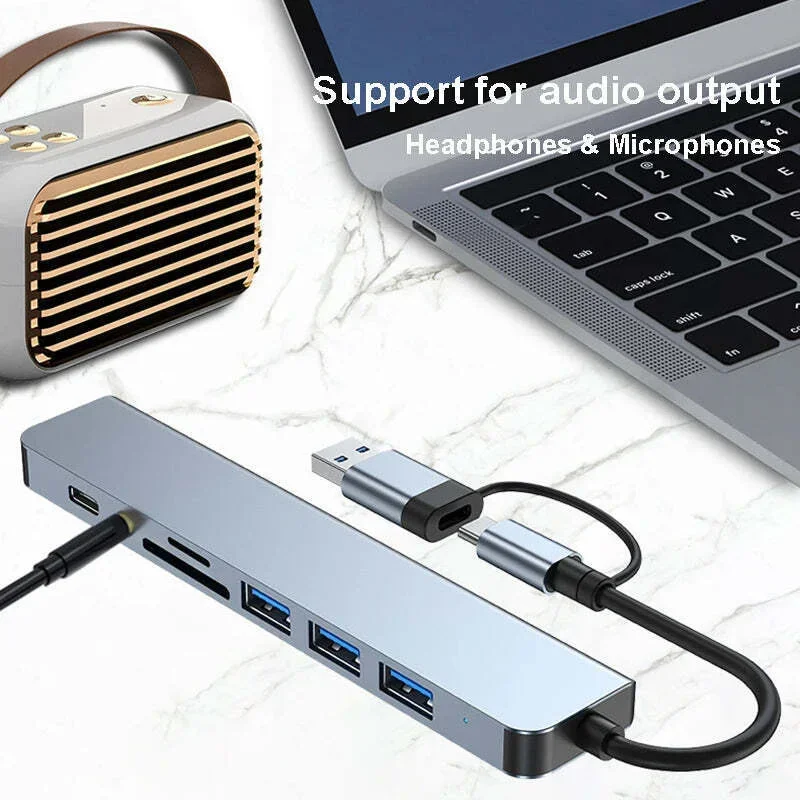 USB C Hub 8-in-2 USB Splitter 3.0/2.0 USB-C Data 3.5 Audio SD/TF Card Reader Multiport C HUB For MacBook Laptop