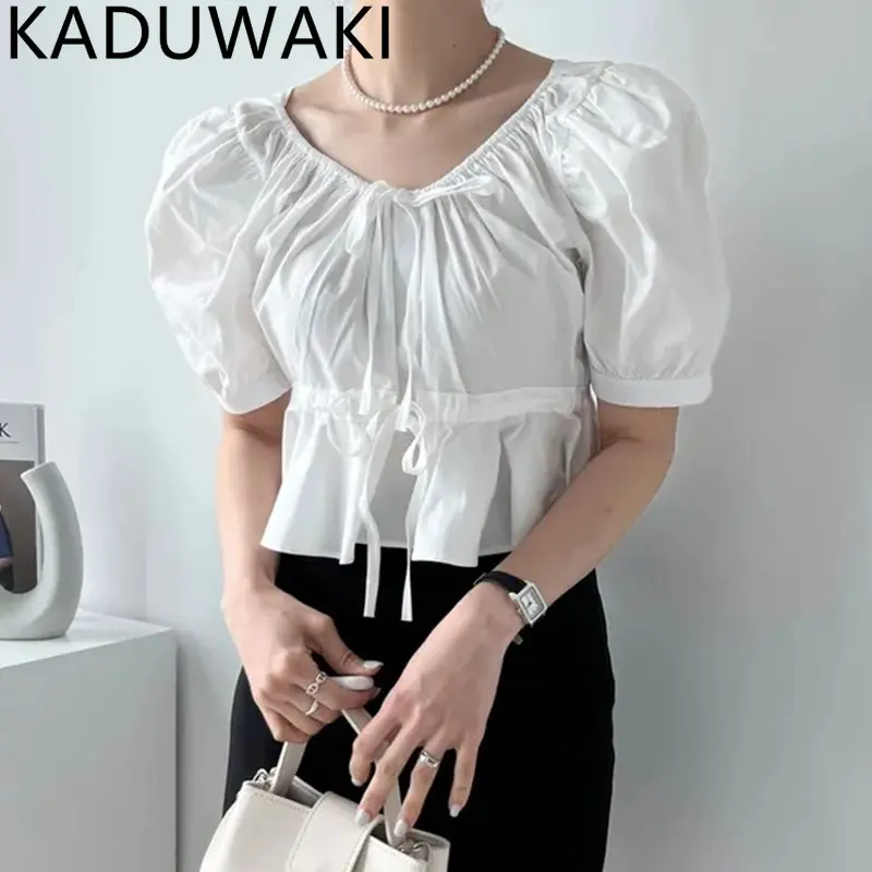 

Korean Short Sleeve Shirt Women Short Bubble Sleeve Retro Summer New V-Neck Blouse Top Fashion Lace Up Slim Waist Blouse