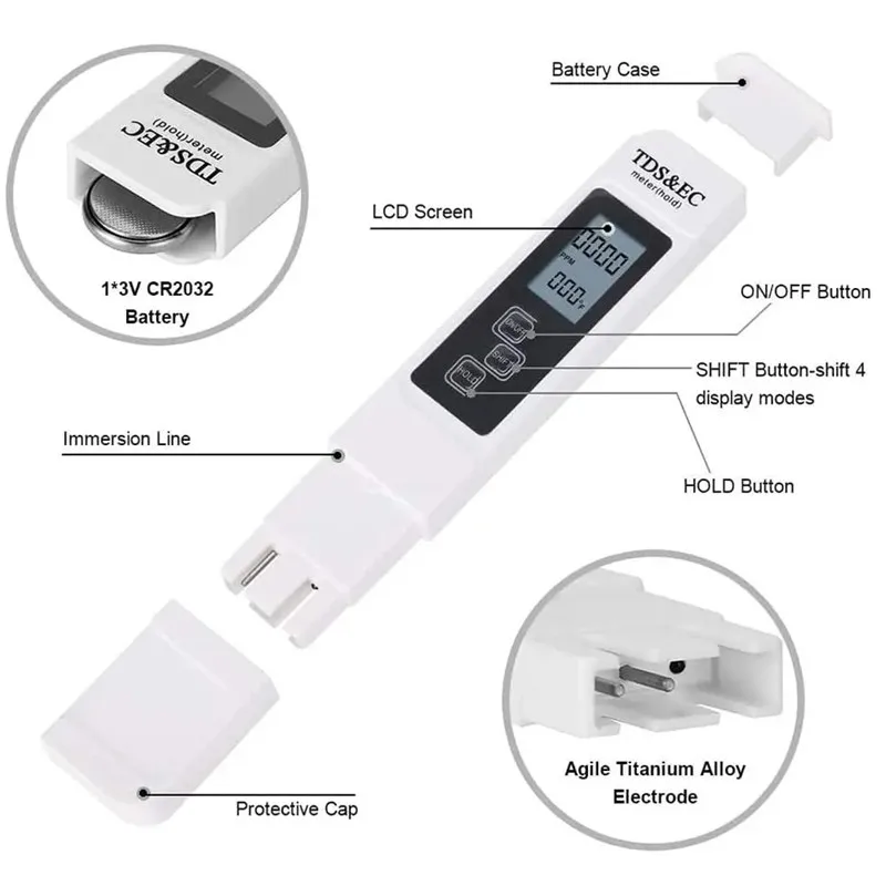 Water Tester Water Quality Detector Digital Water Quality Tester TDS EC Meter Range 0-9990 Multifunctional Water Purity Temperature Meter TEMP PPM Tester